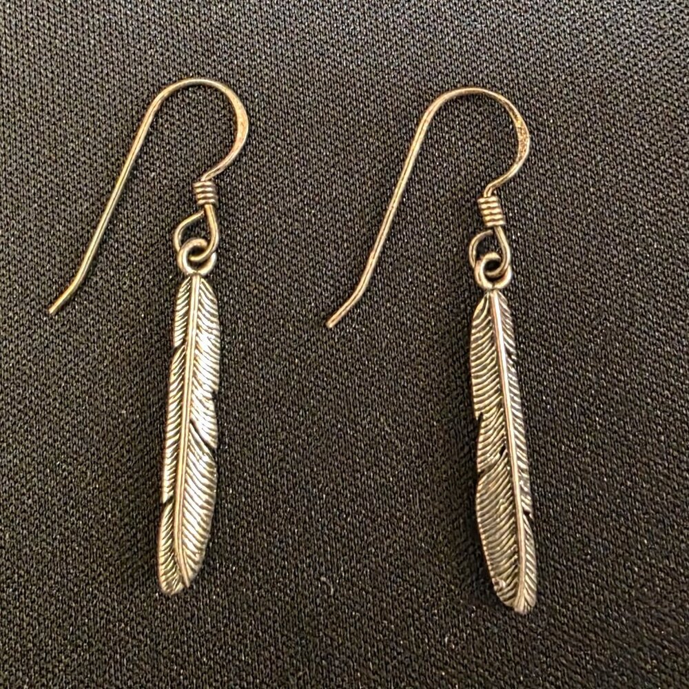 vintage Sterling Silver Feather Earrings Hook Dangle